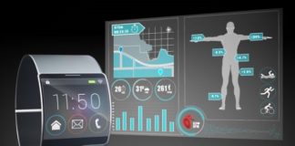 Futuristic black wristwatch with interface