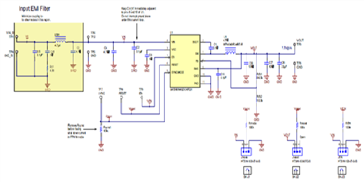 Schematic for EMI filtering and LM53601-Q1 power supply