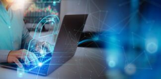 Cyber security and data protection. Businessman using laptop com
