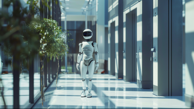 Humanoid robot in an office building