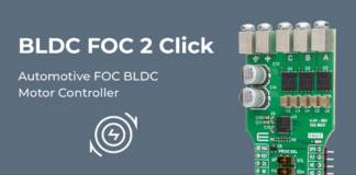 BLDC FOC 2 Click from MIKROE enables control of three-phase brushless DC (BLDC) motors using advanced FOC techniques BLDC FOC 2 Click