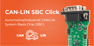 CAN-LIN SBC Click from MIKROE provides high-speed communication over both CAN and LIN for automotive and industrial systems CAN-LIN SBC Click