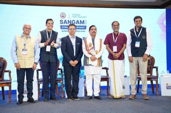 (L-R) Sridhar Boovaraghavan, President, IITMAA & Chair, IITMAA SANGAM 2026; Prof. V. Kamakoti, Director, IIT Madras; Deepak V Naragund, Group CFO, India Assetz; Shri Pralhad Joshi, Honourable Minister IITMAA Sangam 2026