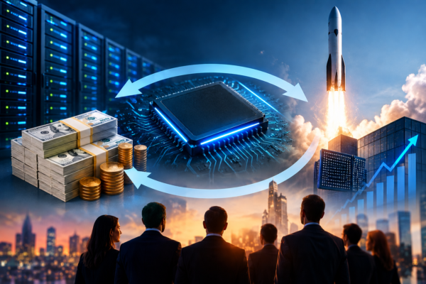 Tech Investment Cycle Above Cityscape AI Financing